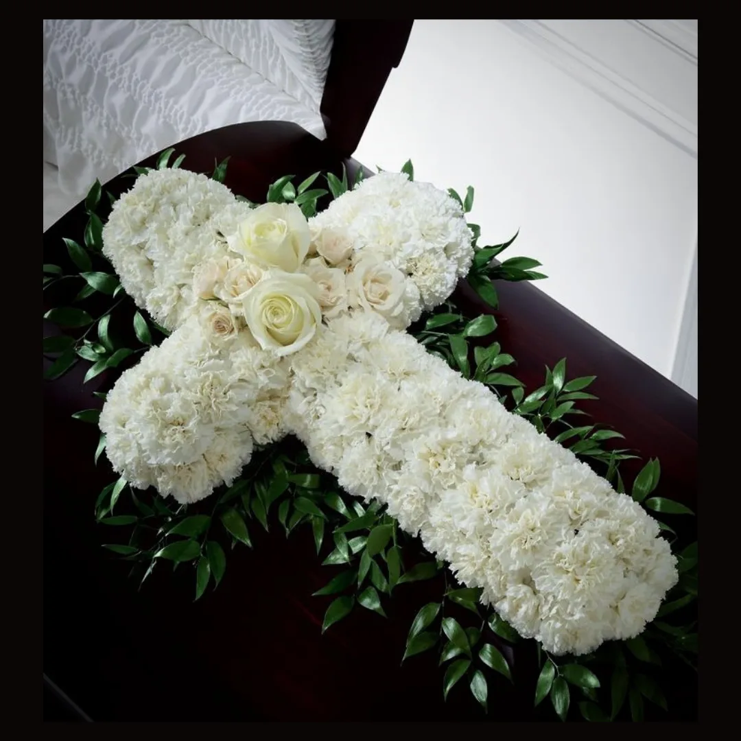 All White Casket Funeral Cross