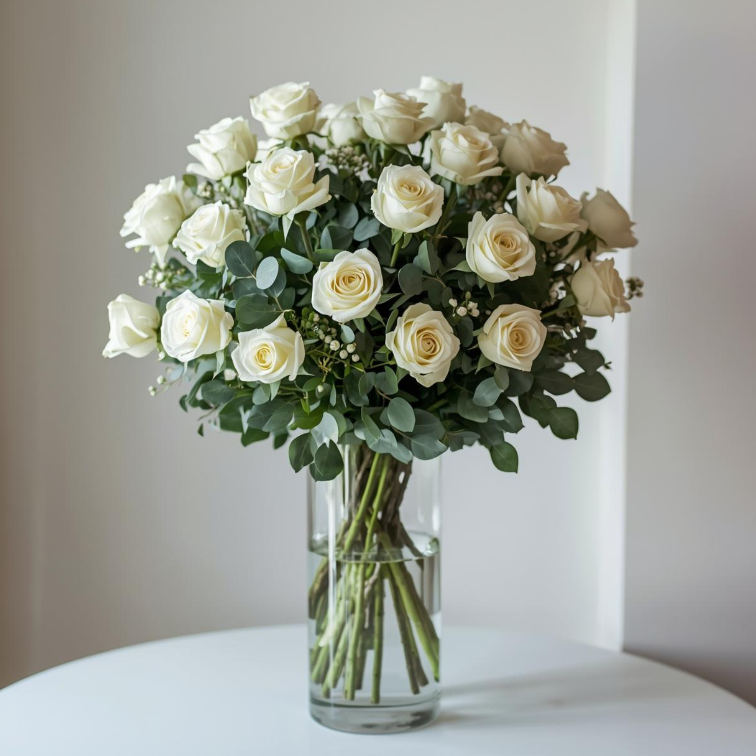 White Roses In Vase - 25 Stems
