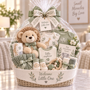 Welcome Baby Sage Green Gift Basket